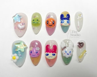 Uñas postizas con personajes retro 3D: Arte de uñas pastel kawaii