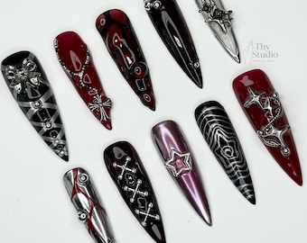 Gothic Black Red Silver Press On Nails: 3D Charms, Chrome, Long Coffin