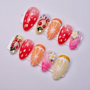 Fruit Salad Press On Nails With Strawberry Citrus Cherry Art, Cute Summer Nail Set, Fruity Design, Gift For Her, Handmade Fake Nails for her