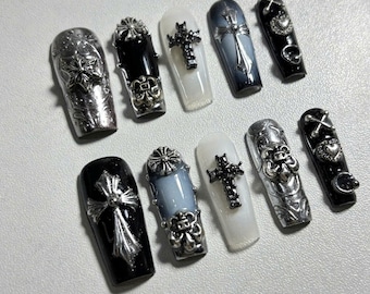 Gothic Cross 3D Press On Nails: Chrome Black Punk Rock Nail Art