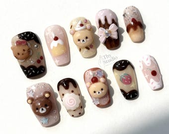 Sweet Bear 3D Press On Nails: Kawaii Dessert Nail Set