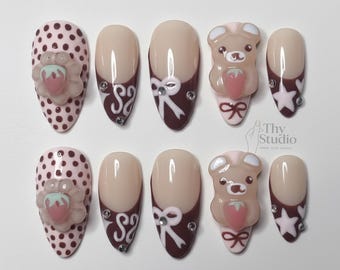 Kawaii Bear Strawberry Press On Nails: Pink Polka Dot 3D Bow Handmade Nail Set
