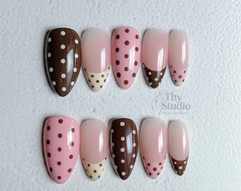 Handmade Pink Polka Dot Press On Nails, Brown French Tip, Reusable