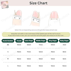 May include: A size chart for nail sizing, featuring illustrations of how to measure nails with a ruler. The chart includes measurements in millimeters for thumb, index, middle, ring, and pinky fingers, with sizes ranging from XS to L.