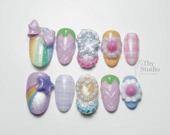 Regenboogpastelpers op nagels: 3D-strikster, harajuku kawaii handgemaakt