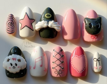 Handmade 3D Press On Nails: Pink Black Coquette Kawaii Cat Bow