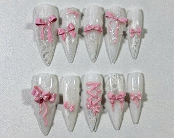 White Pink Bow Press On Nails, Stiletto Corset Lace, Handmade Soft Glam