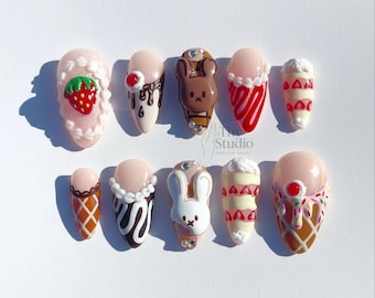 3D Bunny Dessert Press On Nails: Kawaii Sweet Treat Nail Art