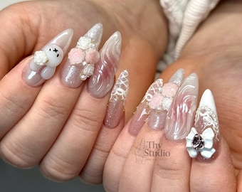 Miffy Press On Nails: Coquette 3D Floral Acrylic Nails