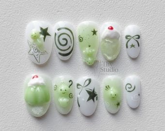 Melon Smiski Press On Nails: Green 3D Kawaii Nail Set