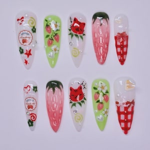 Strawberry Red Cat Press On Nails With Gingham Picnic Pattern | Cute Summer Fruit Nail Art With 3D Flowers & Pearls | Luxury Nails Set Gifts