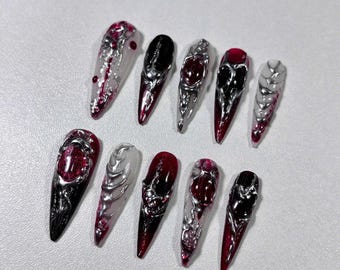 Gothic Red Chrome Press On Nails, Vampire 3D Stiletto Nail Set