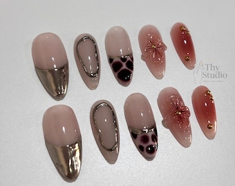 Handmade Chrome Leopard Print Press On Nails, 3D Flower, Metallic Tips