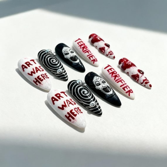 Terrifier Horror Press On Nails: Bloody Clown Art, Long Stiletto False Nail Set
