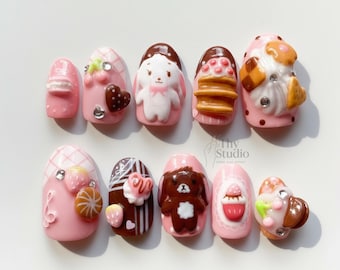 3D Dessert Press On Nails: Kawaii Chocolate Strawberry Nail Set