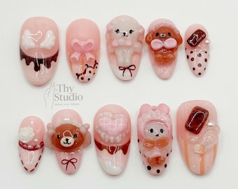 3D Kawaii Björn Får Press On Naglar: Rosa Coquette Nagelkonst Set