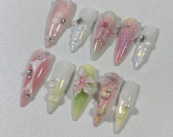 Sakura Flower Press On Nägel: 3D Blumen Pastell Almond Nail Art