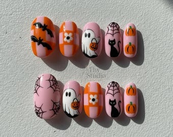Handmade Halloween Press On Nails: Pink Orange Ghosts, Pumpkins