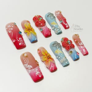 Tropical Press On Nails with 3D Hibiscus Flowers, Colorful Ombre Summer Nail Tips, Handmade Floral Beach Vacation Fake Nails Set