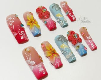 3D Hibiscus Press On Nails: Tropical Ombre, Handmade Floral Nail Tips