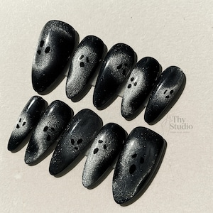 Halloween Ghost Press On Nails: Black Silver Shimmer, Gothic Nail Art
