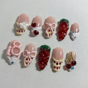 Custom Strawberry Birthday Cake 3D Press On Nails with Cherries, Bows, Whipped Cream – Handmade Kawaii Nail Art for Any Age Celebration Gift