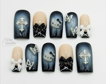 Gothic Cross Press On Nails: 3D Bows, Butterfly, Grey Nail Art
