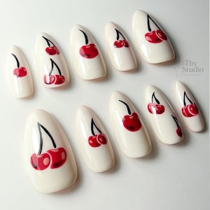 Handmade Cherry Press On Nails: Y2K Red Fruit Nail Art