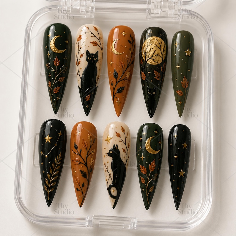 Mystic Nails, Black Cat Moonlit Forest Press On Nails, Celestial Fall Nail Art, Crescent Moon Witchy Autumn Nails bild 2