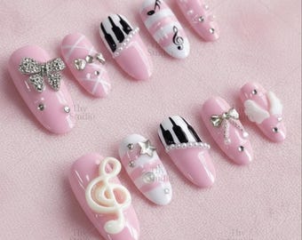 Handmade Pink Music Press On Nails, Kawaii Angelcore Nail Set
