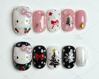 3D Kitty Christmas Press On Nails, Pink Black Holiday Nail Set