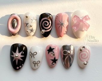 Handmade Pink and Black Chrome Press On Nails, Metallic Silver Stars, 3D Bows