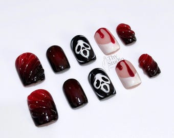 Uñas postizas con goteo de sangre y gritos, diseño gótico de Halloween