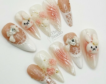 Miffy Bunny Press On Nails, 3D Floral Bow, Handmade Nail Art Set