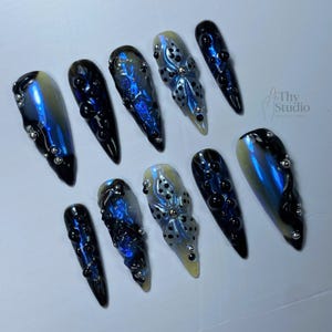 Black Chrome Press On Nails: Gothic Butterfly, Holographic Studded Nail Art