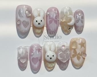 3D Bunny Press On Nails, Glitter Moon Star Coquette Nails