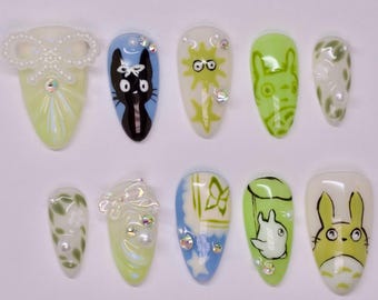 Ghibli Totoro Press On Nails: Hand-Painted Anime Nail Art with Pearls