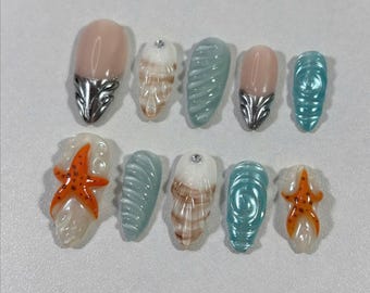 3D Starfish Press On Nails: Seashell Mermaid Nail Art