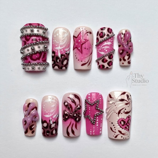 Y2K Leopard Print Press On Nails: Pink 3D Bow Star Glam