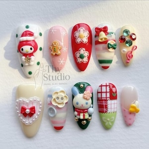 Christmas Bunny Press On Nails, 3D Kawaii Gel Nail Set