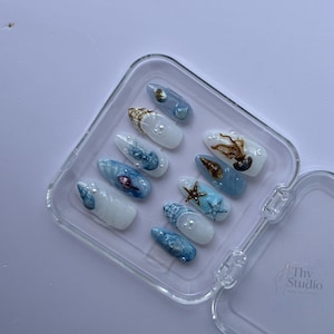 Ocean Theme Press On Nails, Blue White Jellyfish Seashell Starfish Nail Set, Handmade Summer Beach Mermaid Acrylic Nails, Ocean Nails Gift