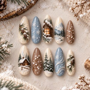 Kunstnagels voor de eerste sneeuwval, gezellige winternagels in blokhutstijl, besneeuwde bergnagels, handgemaakte winternagels, bosnagels, lange amandelnagels