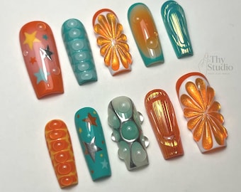 Starburst Press On Nails: Orange Teal Retro Nail Art