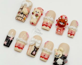 Kawaii 3D Bear Bunny Press On Nails, Handmade Dessert Nail Art