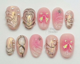 Drücken Sie auf die Nägel: 3D-Bogen, Goldglitter, handgefertigtes Nagelset
