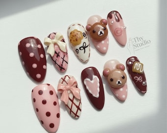Chokladbjörnspress-on-naglar: Kawaii 3D-rosett med rosett och hjärta
