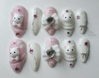 Handmade 3D Cat Press On Nails, Pink Bow Kawaii Nail Art
