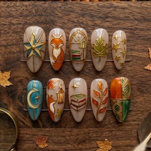 Mystic Fox Press On Nails, Fall Bookshop Nails, Autumn Library Fox Nails, Cottagecore Book Lover Press On Nails, Lantern Forest Nail Set