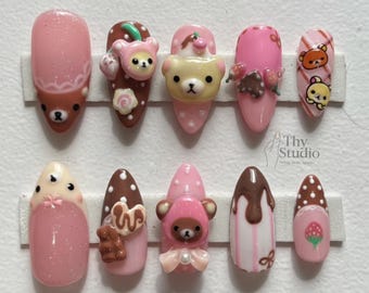 Kawaii Bear Bunny Press On Nails: 3D Chocolate Strawberry Dessert Nails