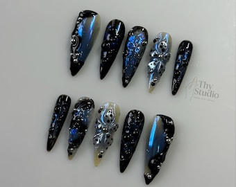 Black Chrome Coffin Press On Nails: 3D Butterfly Gem Gothic Nail Art